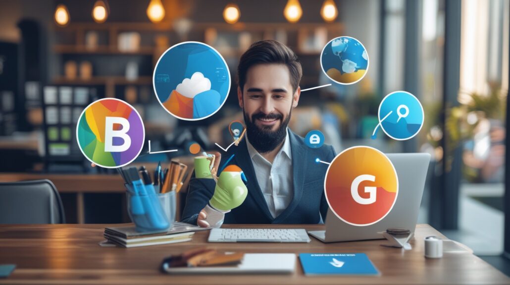Illustration of a person analyzing a list of affordable group buy SEO tools on a laptop, highlighting cost-effective options for SEO services in the USA.