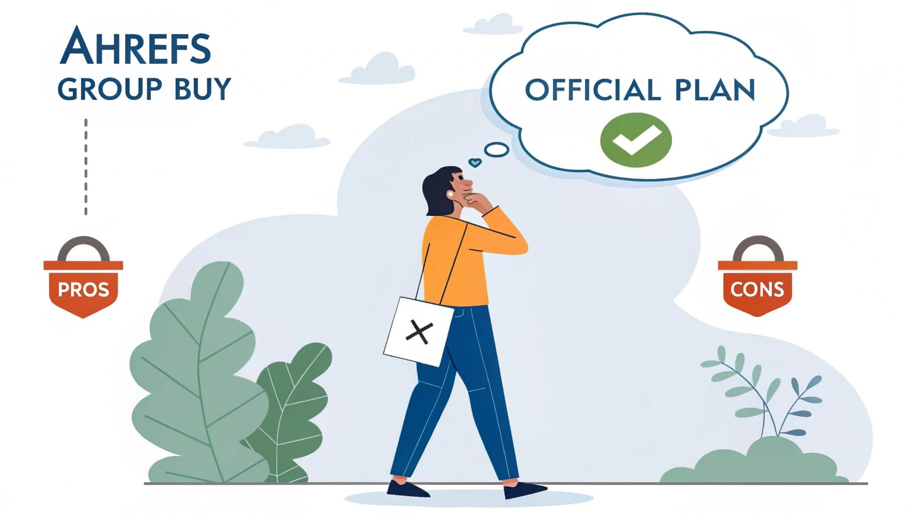 Visual comparison between Ahrefs group buy access and official Ahrefs plans, highlighting risks, pricing, and feature differences.