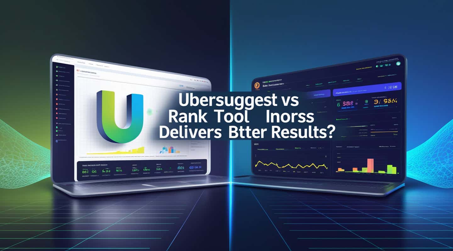 Comparison chart of Ubersuggest vs Ranktracker showing SEO features, keyword tools, pricing