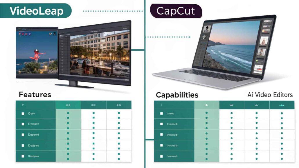 Side-by-side comparison of VideoLeap and CapCut showcasing AI video editing features, tools, and user interface to determine the best editor.