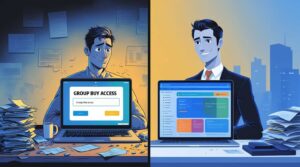 What are the risks of using group buy access for long-term software use compared to official licenses