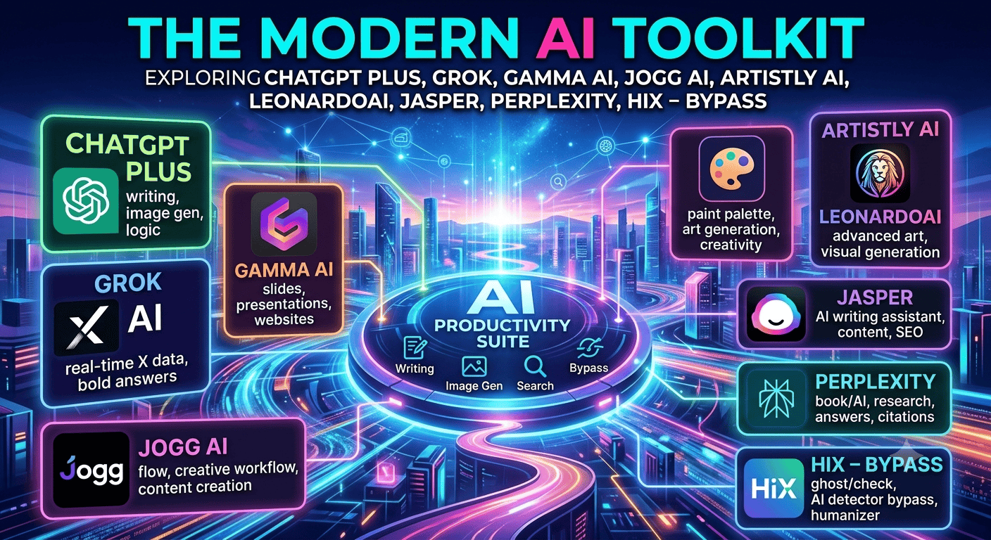 Chatgpt Plus, Grock, Gamma ai, Jogg AI, Artistly Ai, Leonardoai, Jasper, Peplexity,
